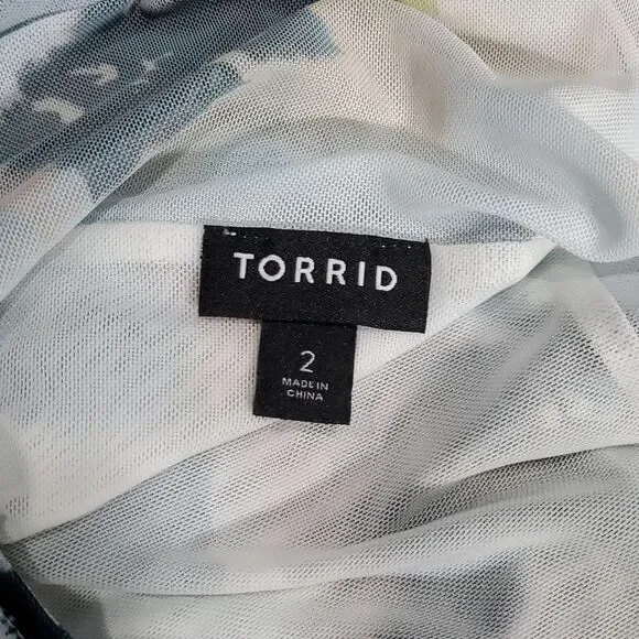 Torrid Sz 2 2X Stretch Mesh Crew Neck Ruched Top Multi Floral Gathered NWT 325 - Picture 8 of 10